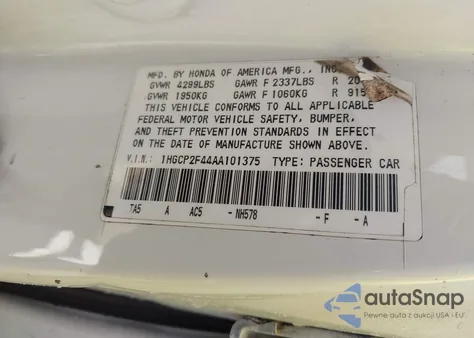 2010 Honda Accord 2.4 Lx-P z USA, uszkodzony, nr VIN 1HGCP2F44AA101375